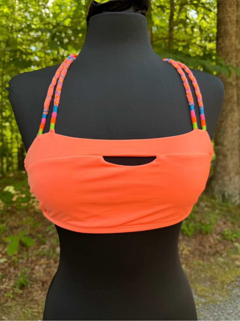 Coral Bandeau Bikini Top with Multicolor Braided Straps